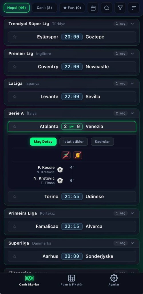 JustScore saf, reklamsız canlı skor arayüzü